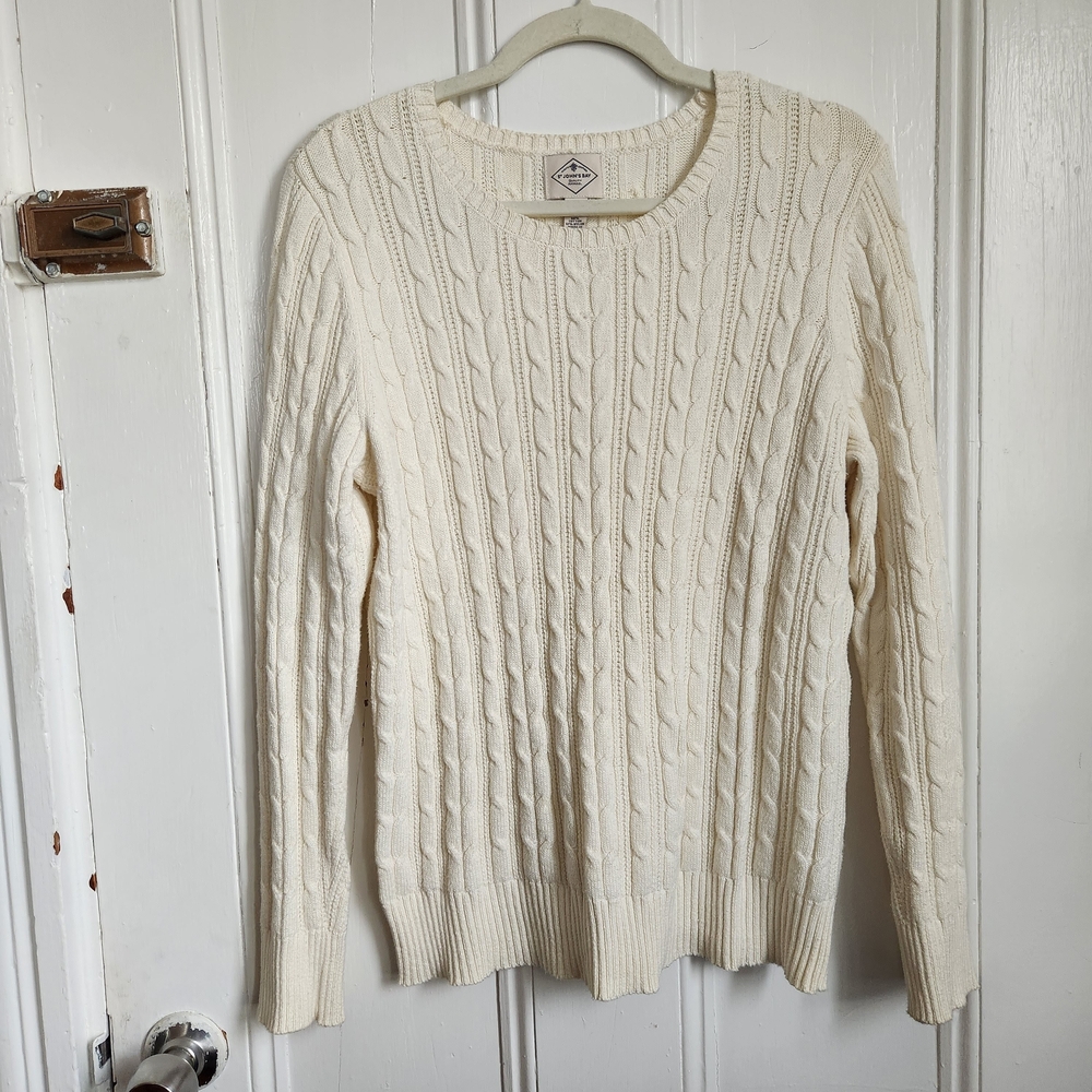 Cream Women's Cable Knit Cotton Sweater Cozy Fall St. John's Bay Size Large